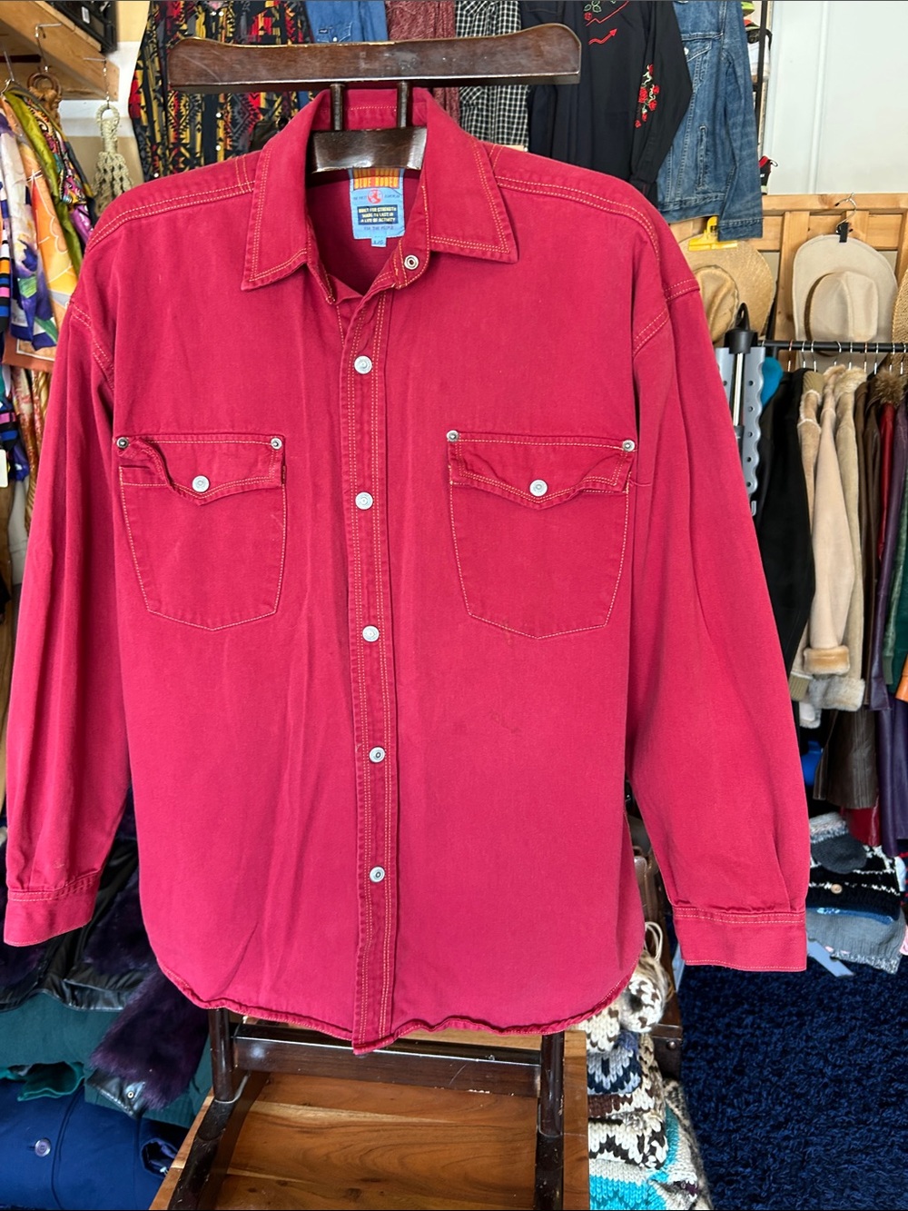 Men's Lightweight Red Denim Shirt Jacket with Snaps